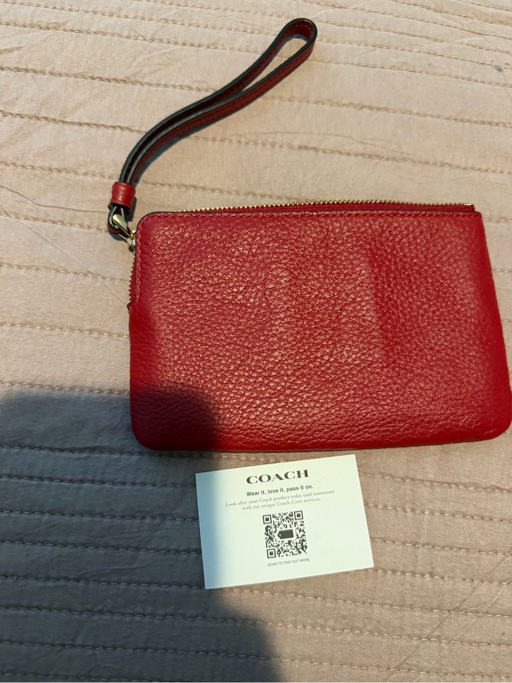 Coach Red Pebbled Leather Wristlet Pouch with Strap
